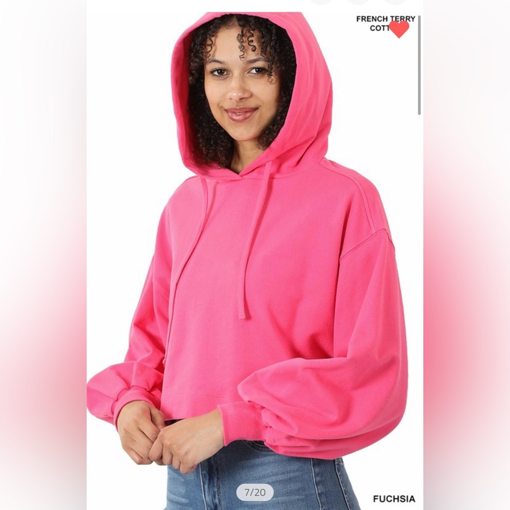 FUCHSIA FRENCH TERRY DROP SHOULDER CROPPED HOODIE